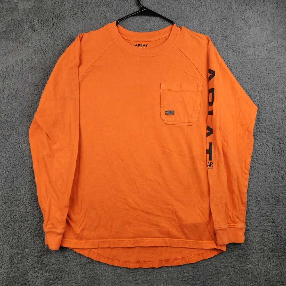 Ariat Rebar Workman Pocket T Shirt Mens Medium Orange Long Sleeve Distressed